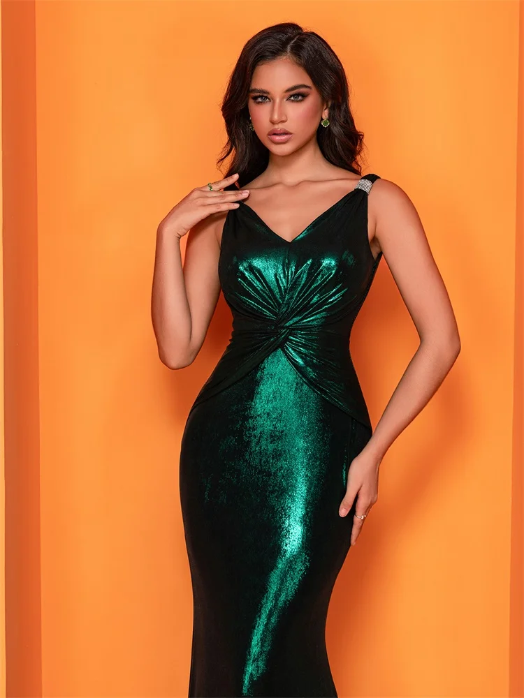 Lucyinlove eleganti abiti da sera glitterati senza maniche pieghettati vita impero 2024 sirena verde Party Prom abito da damigella d'onore