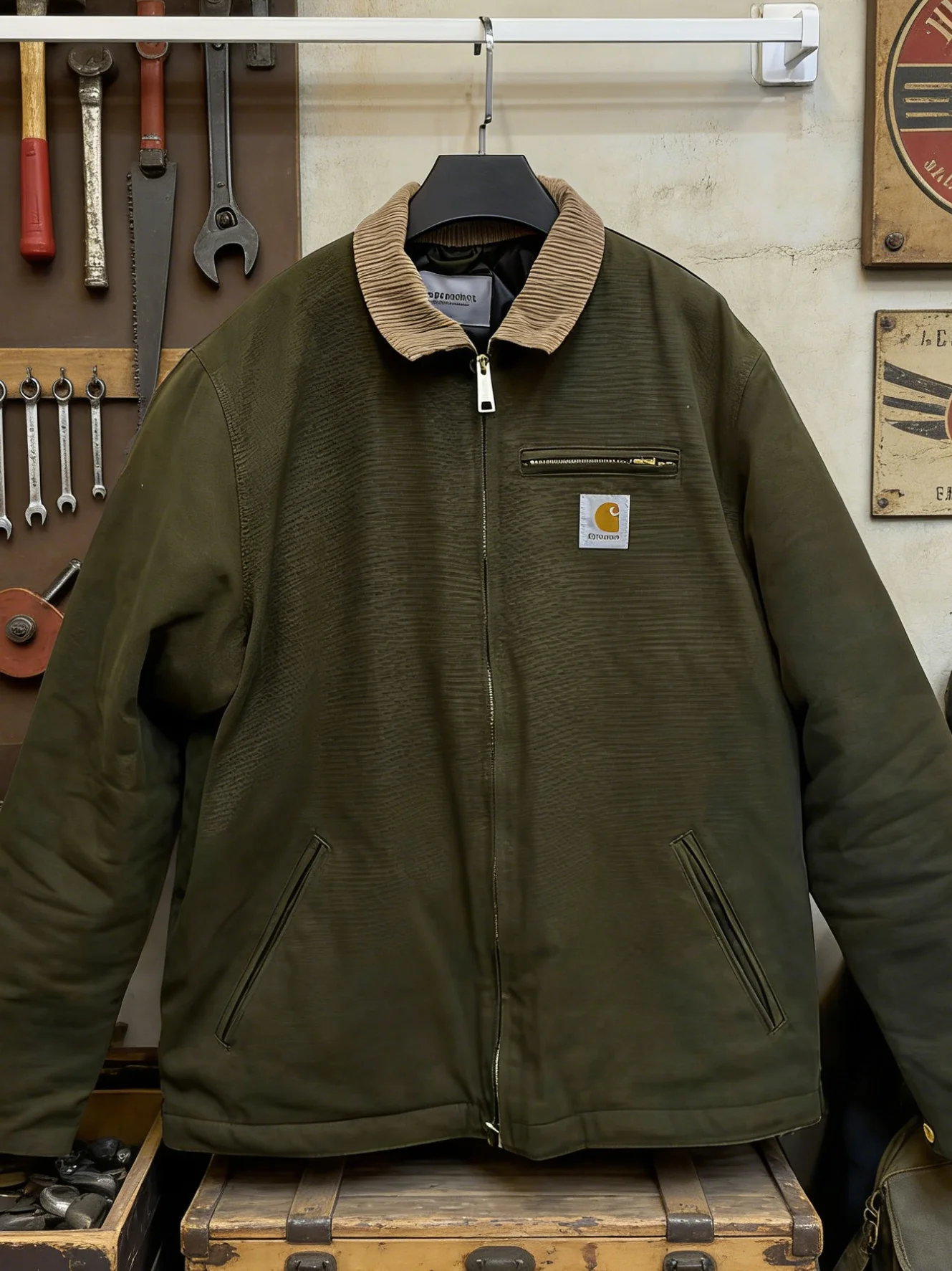 European Style Heavyweight Canvas Work Jacket Men's Loose American Retro Zipper Collar Detroit Hunting Coat Casual Fashion