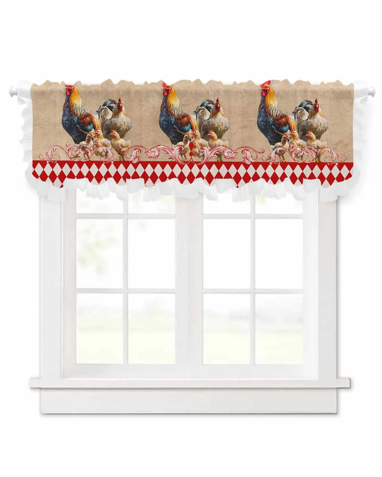 Retro Country Farm Rooster Hen Short Tulle Half Curtains for Living Room Kitchen Door Cafe Window Sheer Valance Drapes