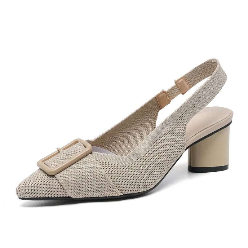 Womens Pointed Toe Knit Hollow Sandals Breathable Buckle Design Block Heel High Heel Elegant Comfortable Casual Daily Fashion