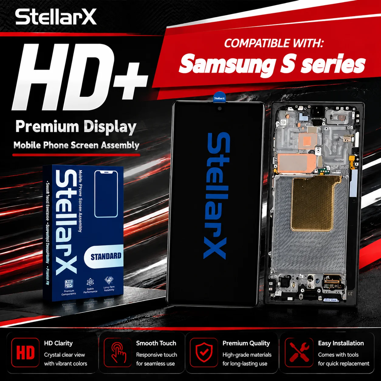 StellarX LCD HD+ Screen Replacement for Samsung S Series S8 S9 S10 S20 S21 S22 S23 S24 Assembly Without Frame with Free Tools