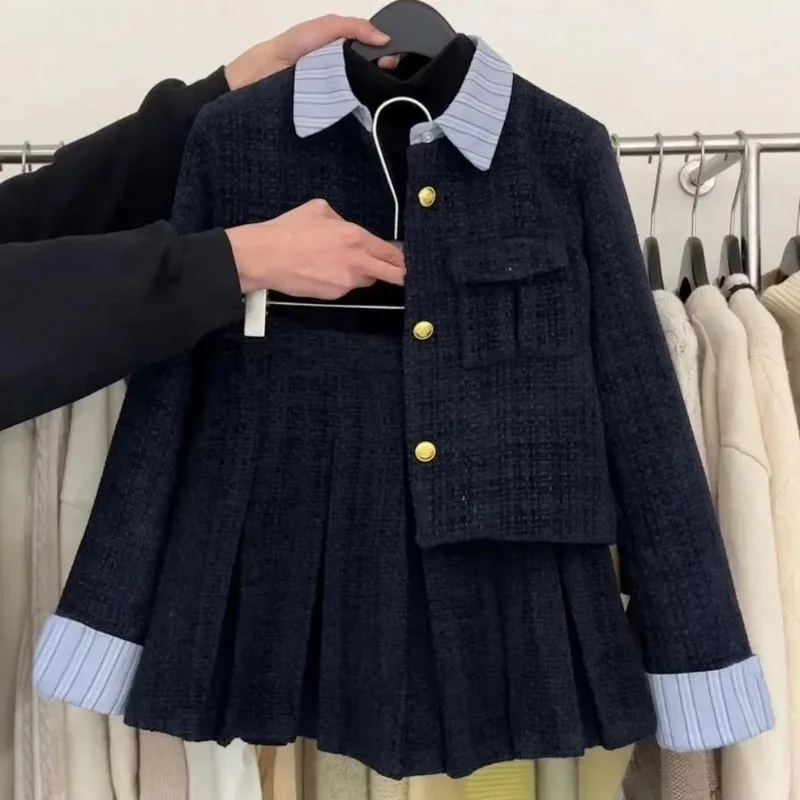 

Зимний корейский модный женский комплект из двух предметов в консервативном стиле Y2k, винтажный милый вязаный дизайн, блейзер и юбка, комплект одежды для похудения