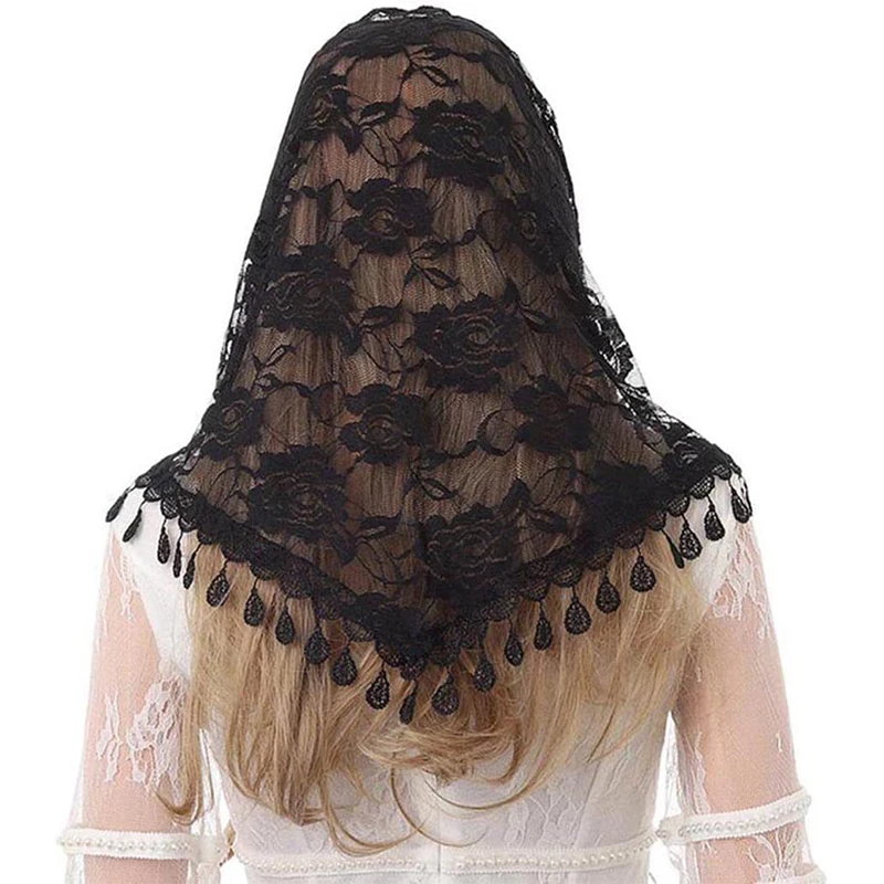 1pc Four Seasons Jacquard Rose Lace Triangle  Scarf Polyester Shawls For Women Muslim Church Prayer Wedding Shawls Headband