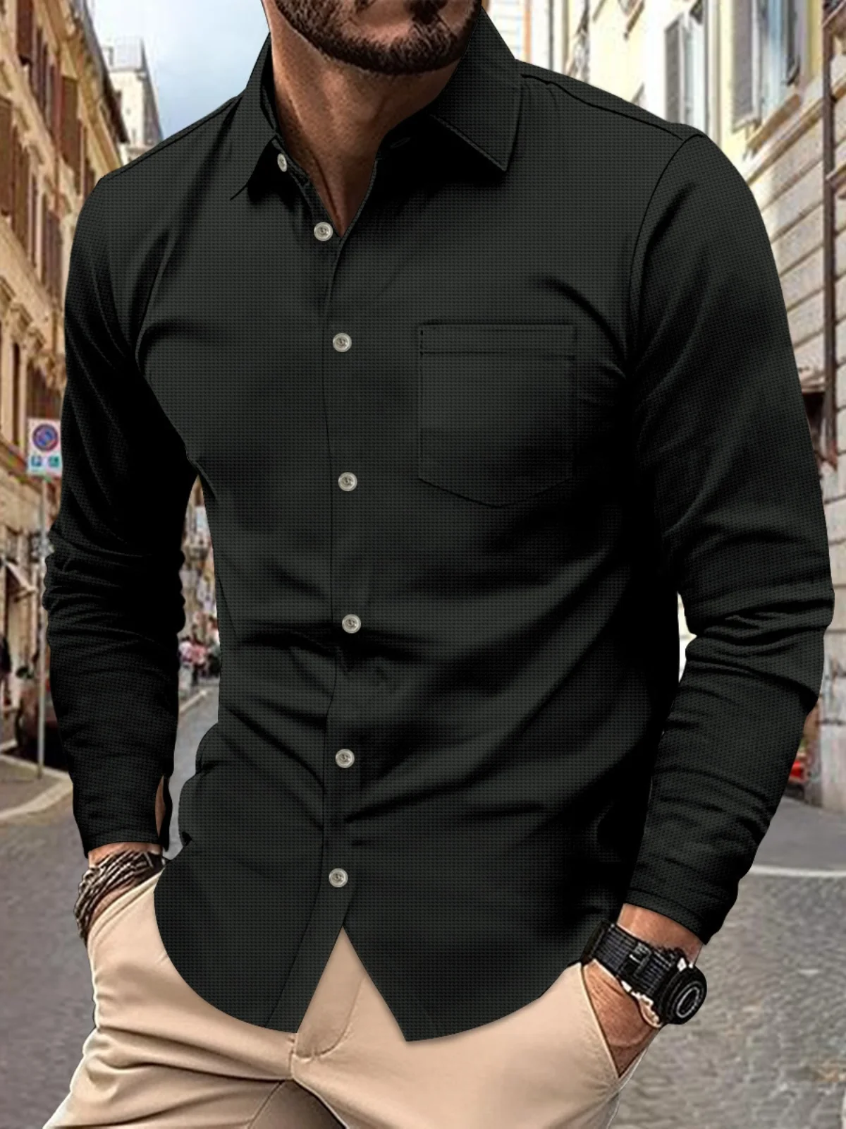قميص رجالي عصري بأكمام طويلة ولون واحد، قماش وافل، مريح وفضفاض، يمتص الرطوبة، مناسب للخريف، بياقة قابلة للطي