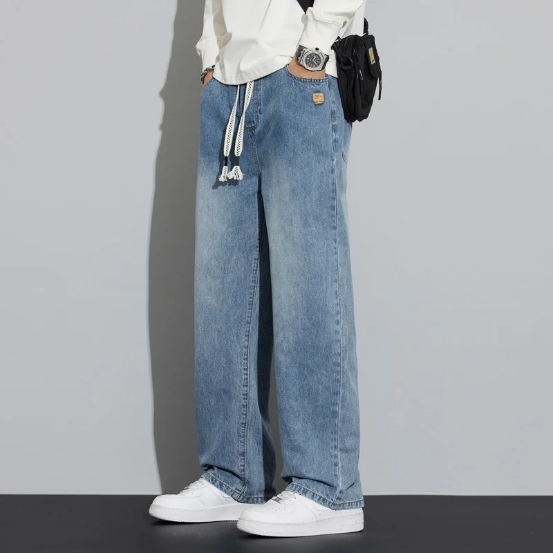 

Мужские джинсы-карго с эластичной резинкой на талии, уличная одежда, уличная одежда, весна/осень, свободный крой, прямые широкие брюки, повседневные джинсовые брюки