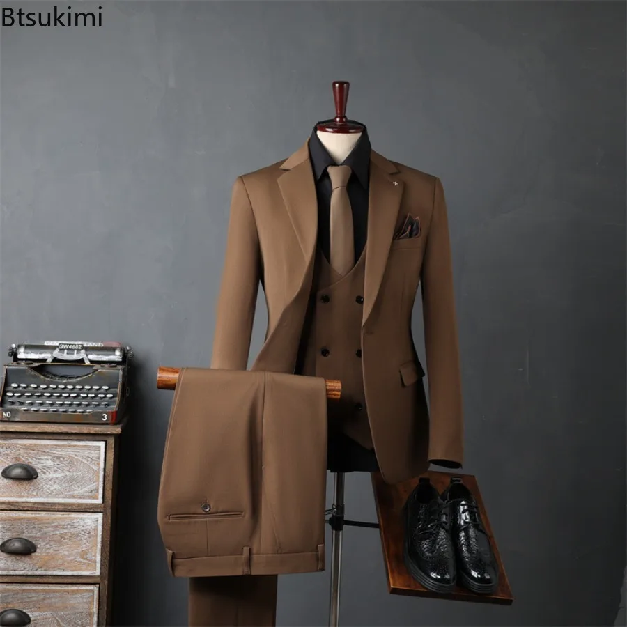 Completo Da Uomo Alla Moda Per Occasioni Casual E Formali (Giacca+Gilet+Pantaloni) Abbigliamento Formale Leggero E Lussuoso In Stile Coreano Per Matrimoni-image