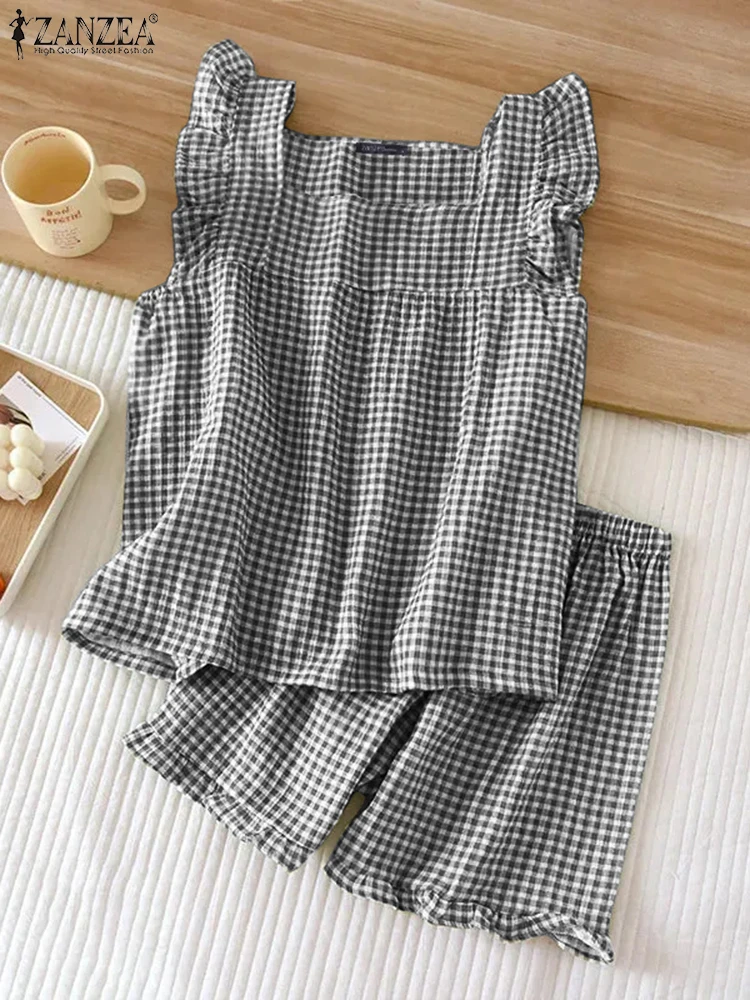 

ZANZEA Casual Tracksuit Chic 2PCS Outfits Korean Fashion Summer Matching Set Holiday Plaid Print Short Suit 2025 Women Camisole