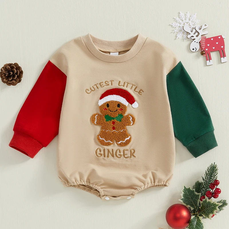 Baby Girl Boy Christmas Outfit Long Sleeve Gingerbread Embroidery Bubble Romper Jumpsuit Newborn Fall Winter Clothes