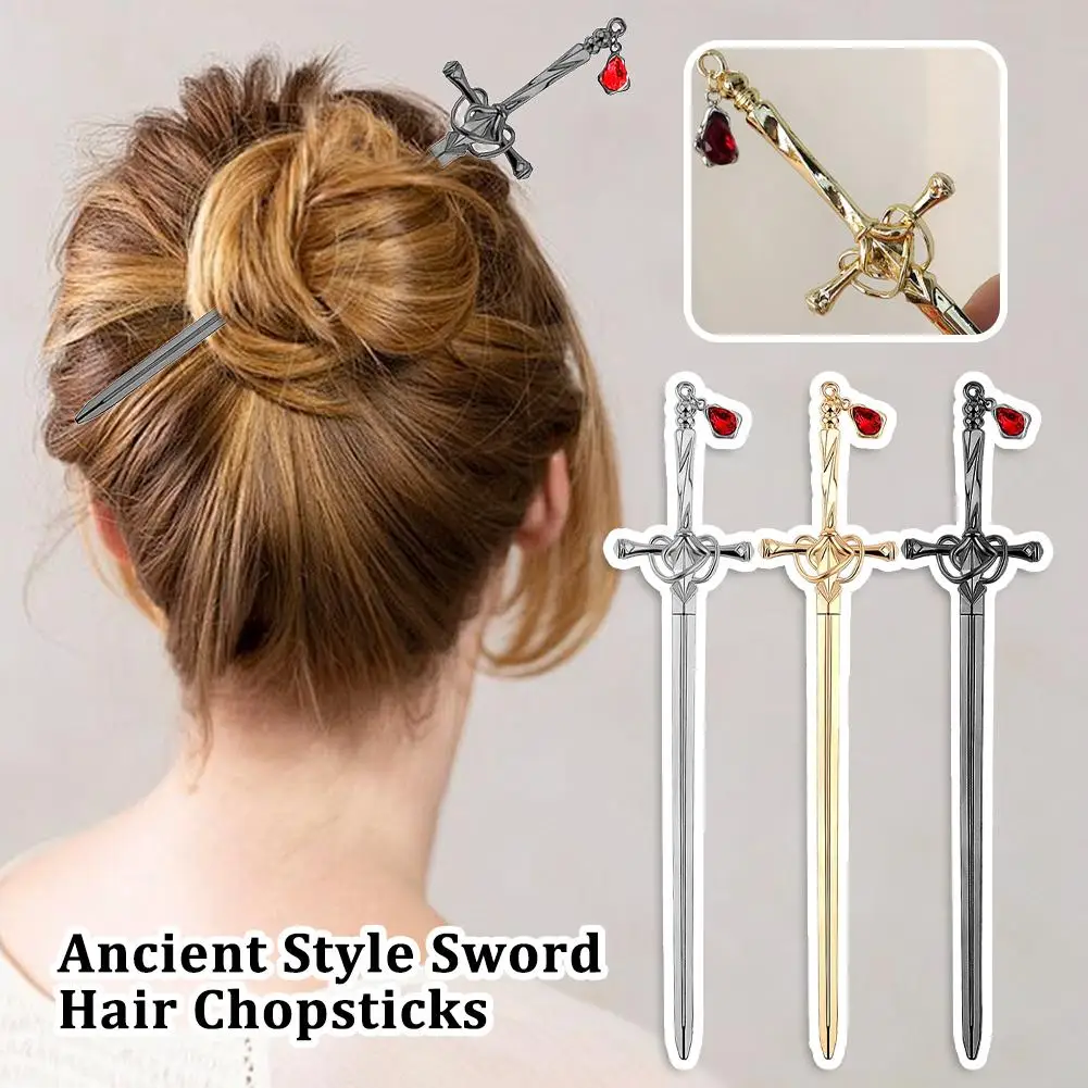 Creative Sword Ruby Pendant Hairpins Vintage Chinese Accessories Punk Trendy Sticks Hair Women Hair Pin Dish Sword Hairpin L1I1