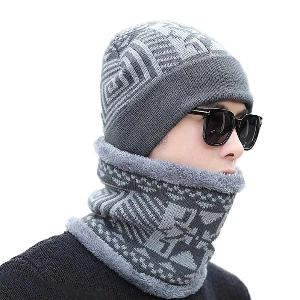 Round Men and Women Men's Hats Warm Thick Knit Beanie Cap Neck Warmer Scarf