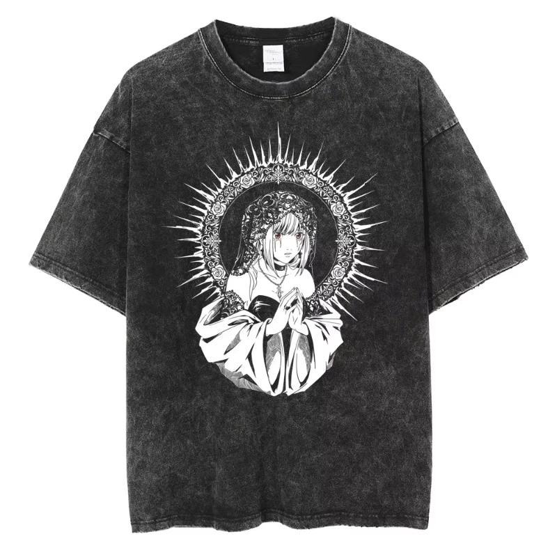 Mode Streetwear Unisex Top T-Shirt Harajuku Vintage Washed T-Shirts Death Note Anime Grafik-Druck Shirt Übergroße Baumwolle – Detail 9