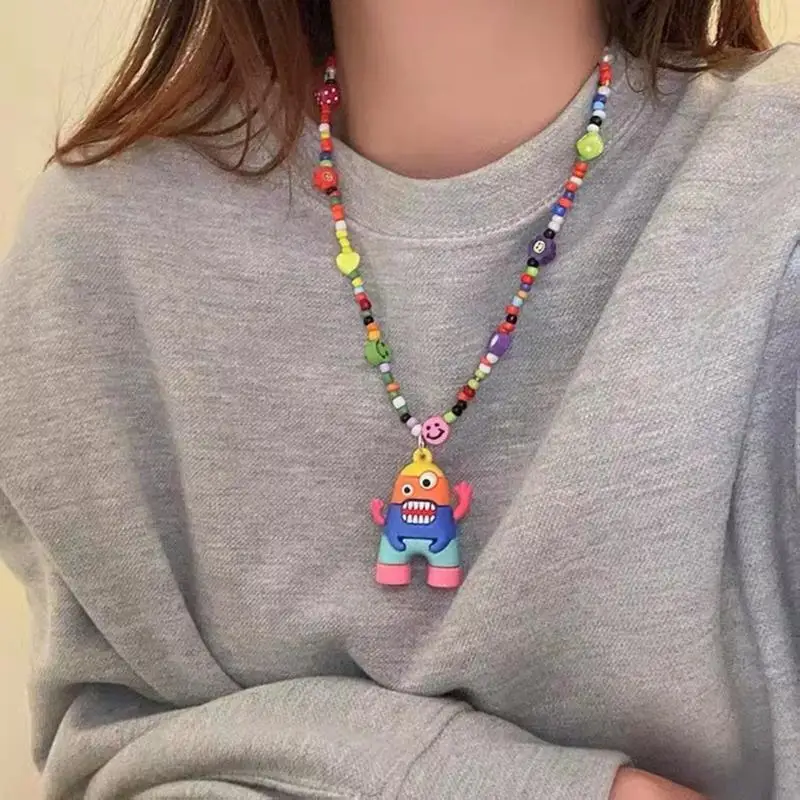 P0RF Colorful Bead Chain Necklace Cartoon Monster-Pendant Choker Chain Fashion Monster-Hip Hop Pendant Gift for Girls Jewelry