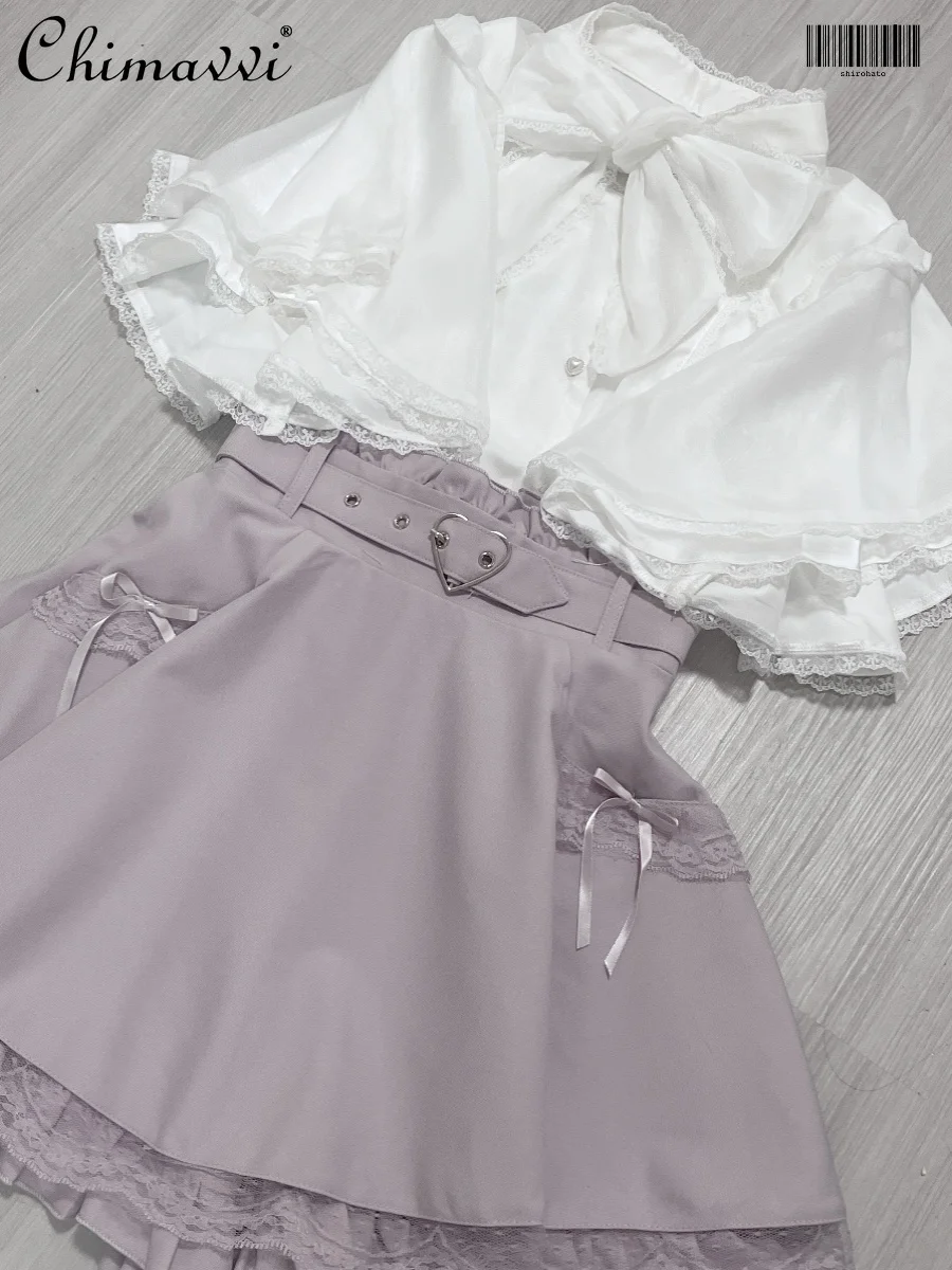 Sweet Girl's Lace Splicing Pocket Culottes Japanese Style Lolita Women's Suspender Skirt 2024 Autumn Kawaii High Waist Shorts