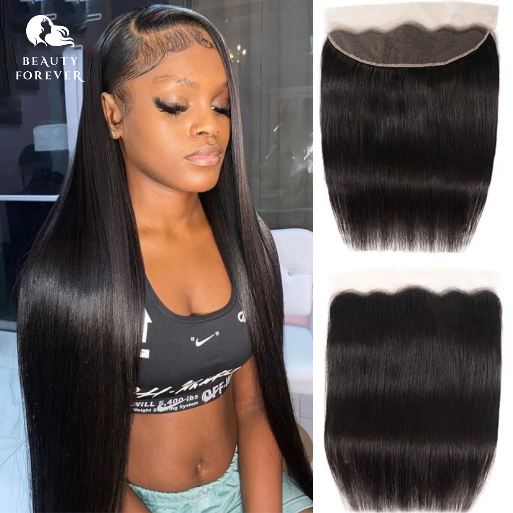 Beauty Forever 13*4 Straight Lace Frontal Free Part Ear to Ear Brazilian Bone Straight Virgin Human Hair Closures Natural Color