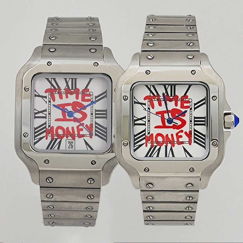 NH35 Square Watch Time is Money, Men's Automatic Watch Roman Case Folding Buckle Bracelet NH35 NH36 Movement Watch