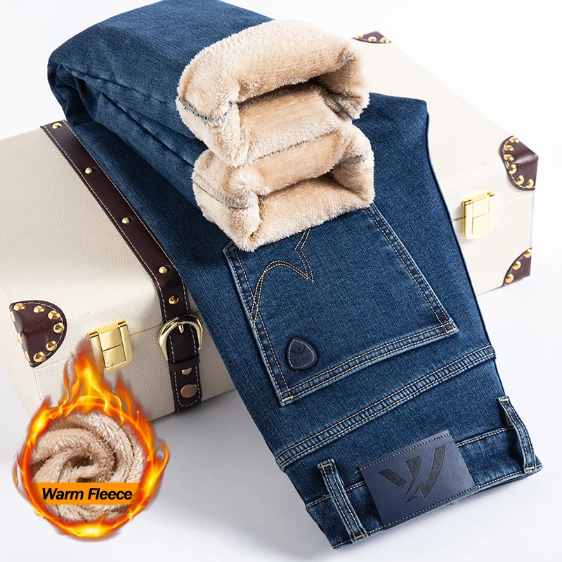 冬のメンズフリース暖かいジーンズファッション弾性ストレートビジネスカジュアルダークブルーデニムパンツ肥厚ぬいぐるみベルベットズボン