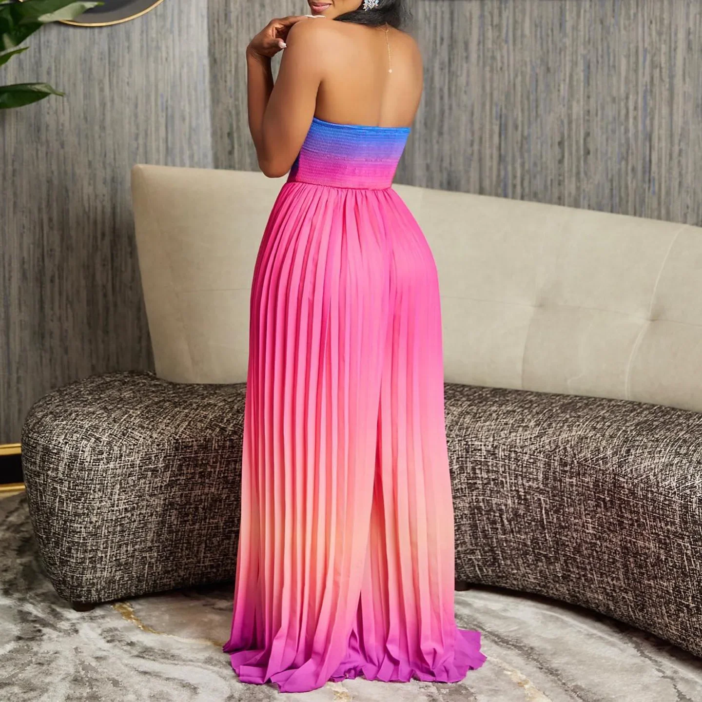 Sleeveless Hollow Women's Summer Sexy Tube Top Backless Fashion Gradual Change Color Wide Leg Jumpsuit Design Sense