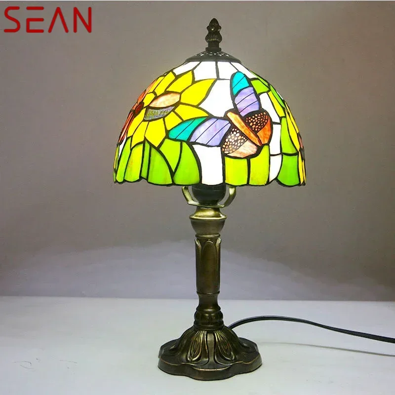 SEAN Tiffany Glass Table Lamp LED Creative Color Butterfly Pattern Desk Light Decor For Home Living Room Bedroom