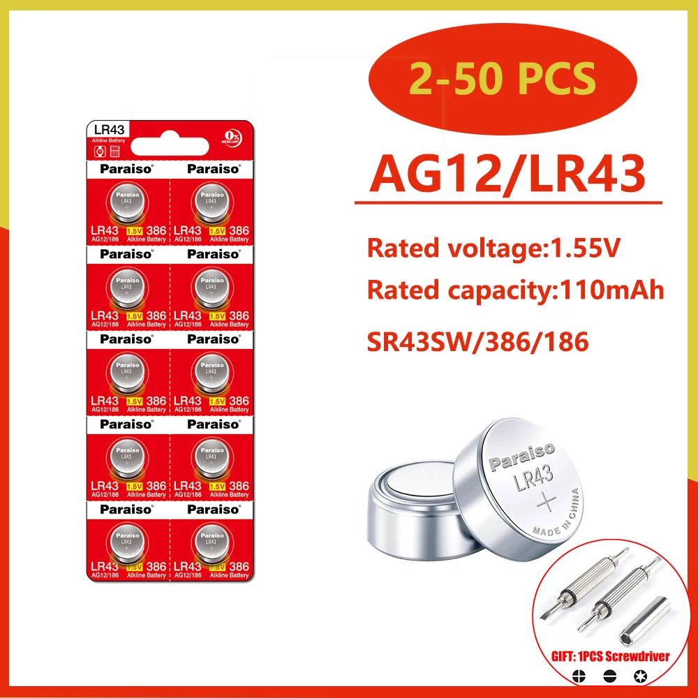 

Новые кнопочные батарейки высокой емкости 1,55 В AG12 LR43 SR43 186 386 LR1142 V12GA SR43W SR1142 Cell Coin Watch Toys Remote Battery