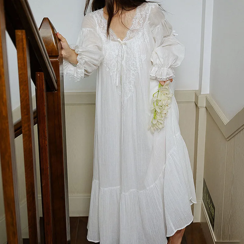 French Sexy Lace V-Neck White Nightdress Princess Victoria Vintage Long Nightgowns Fairy Summer Short Sleeves Cotton Nightie