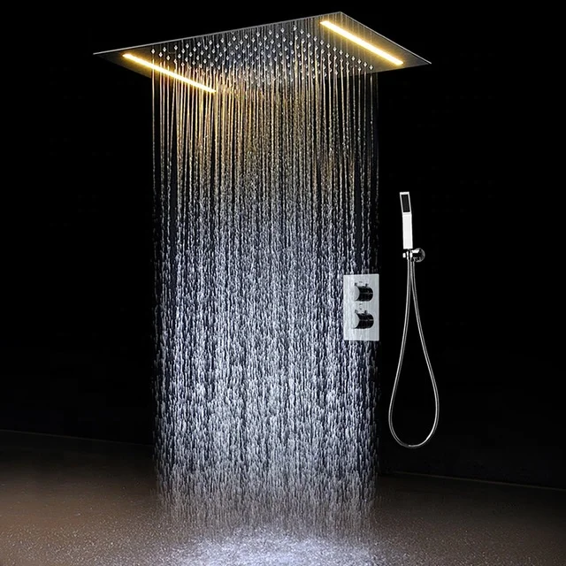 Rainfall Concealed Shower Set Electricity Power LED Ceiling Mounted Bathroom Hand Shower Thermostatic Smart Shower