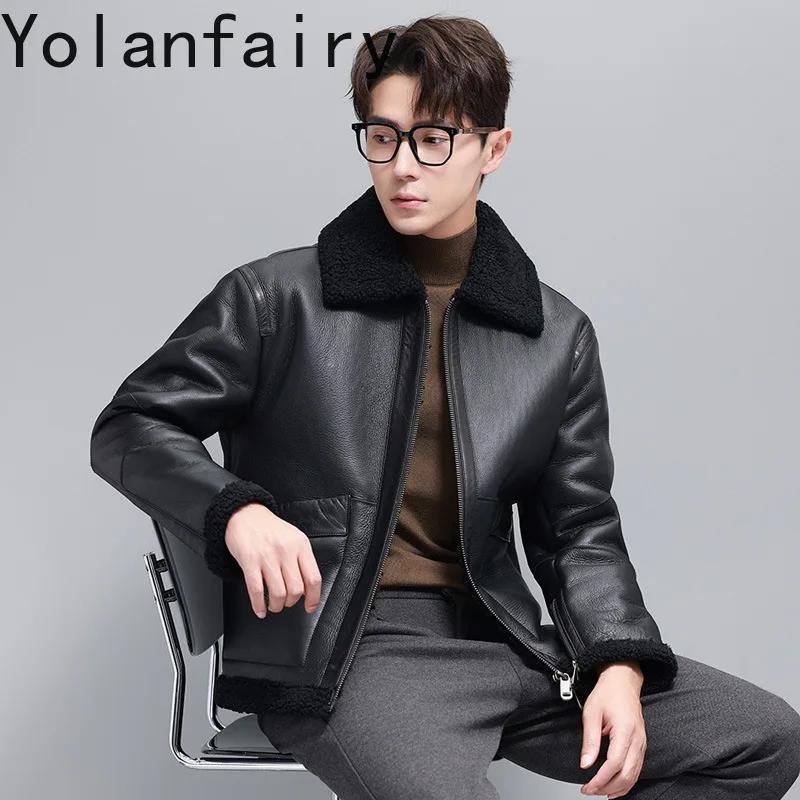 YOLANFAIRY 남성용 오리지널 모피 및 가죽 통합 자켓 따뜻한 겨울 하이 엔드 천연 모피 코트 남자 리얼 Lambswool 모피 코트