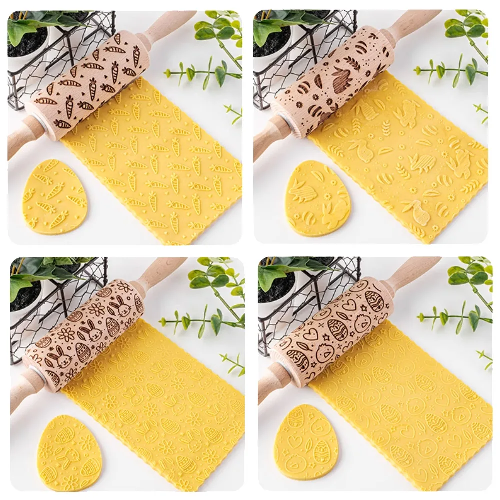 

Скалка с пасхальным мультяшным узором - керамическая полимерная глина с тиснением, текстура, деревянная ручка для DIY Art, хобби, подарок, гончарный ролик