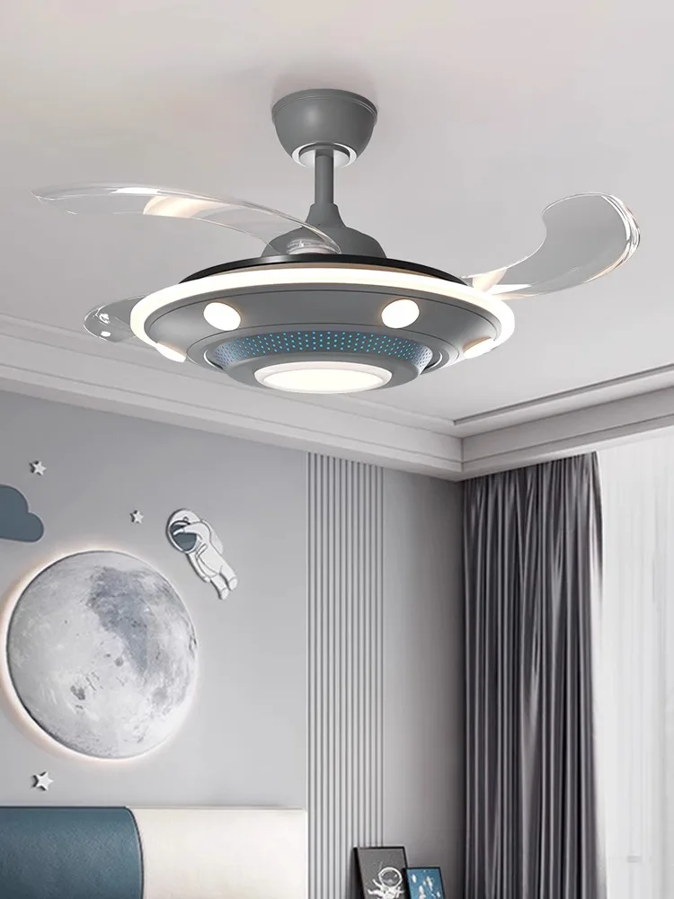 Eye-protection children's room chandelier, boy's bedroom, invisible fan, spaceship light, room flying saucer, fan light