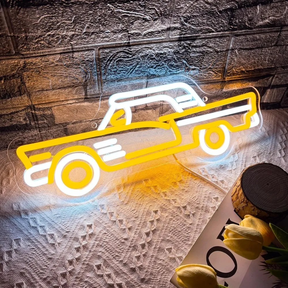 Vintage Sports Car Neon Sign, Cool Dimmable LED Retro Yellow Sports Car Shape Neon Signs for Garage Bar Game Room Man Den Gift