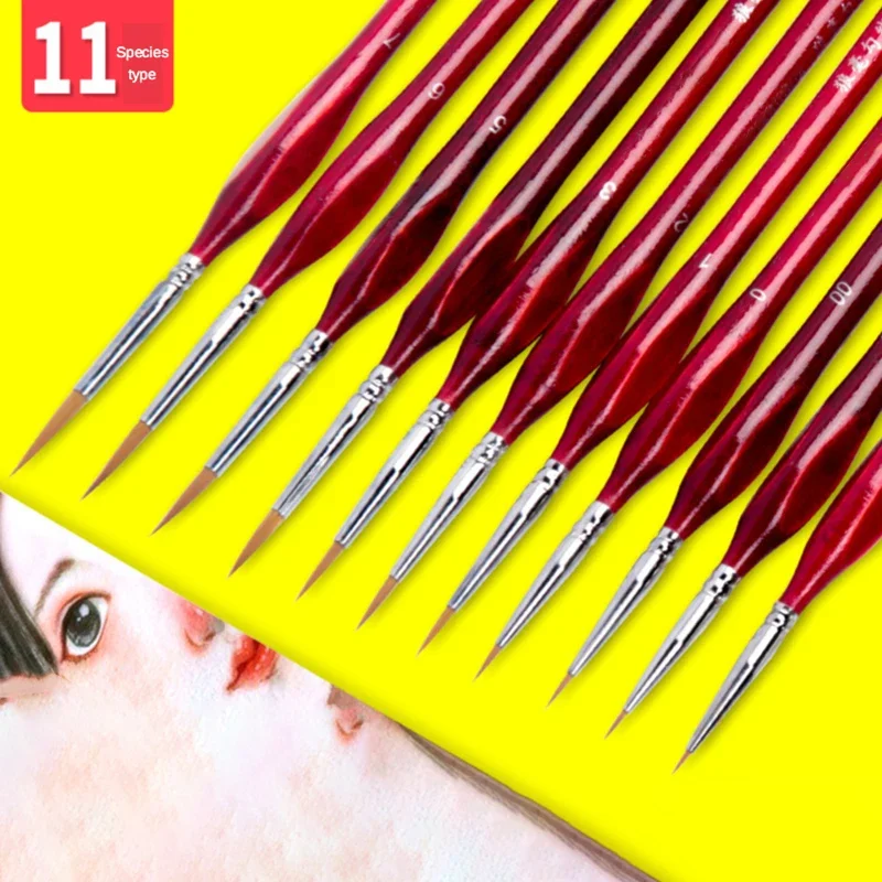 11pcs/set weasel hair birch rod fine nail art students special line drawing gouache color stroke oil brush 4colors hook line pen