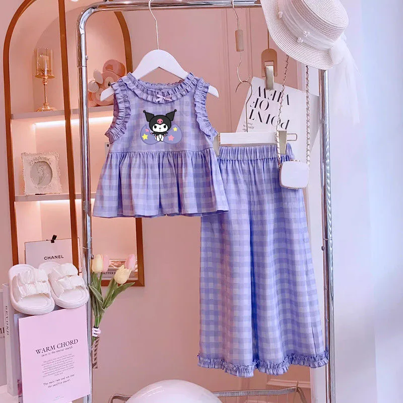 Sanrios My Melody Kuromi Girls' Set Plaid Tops+Wide Leg Pants Two-Piece Kids Fashion Outfit Summer New Children's Clothing Gift