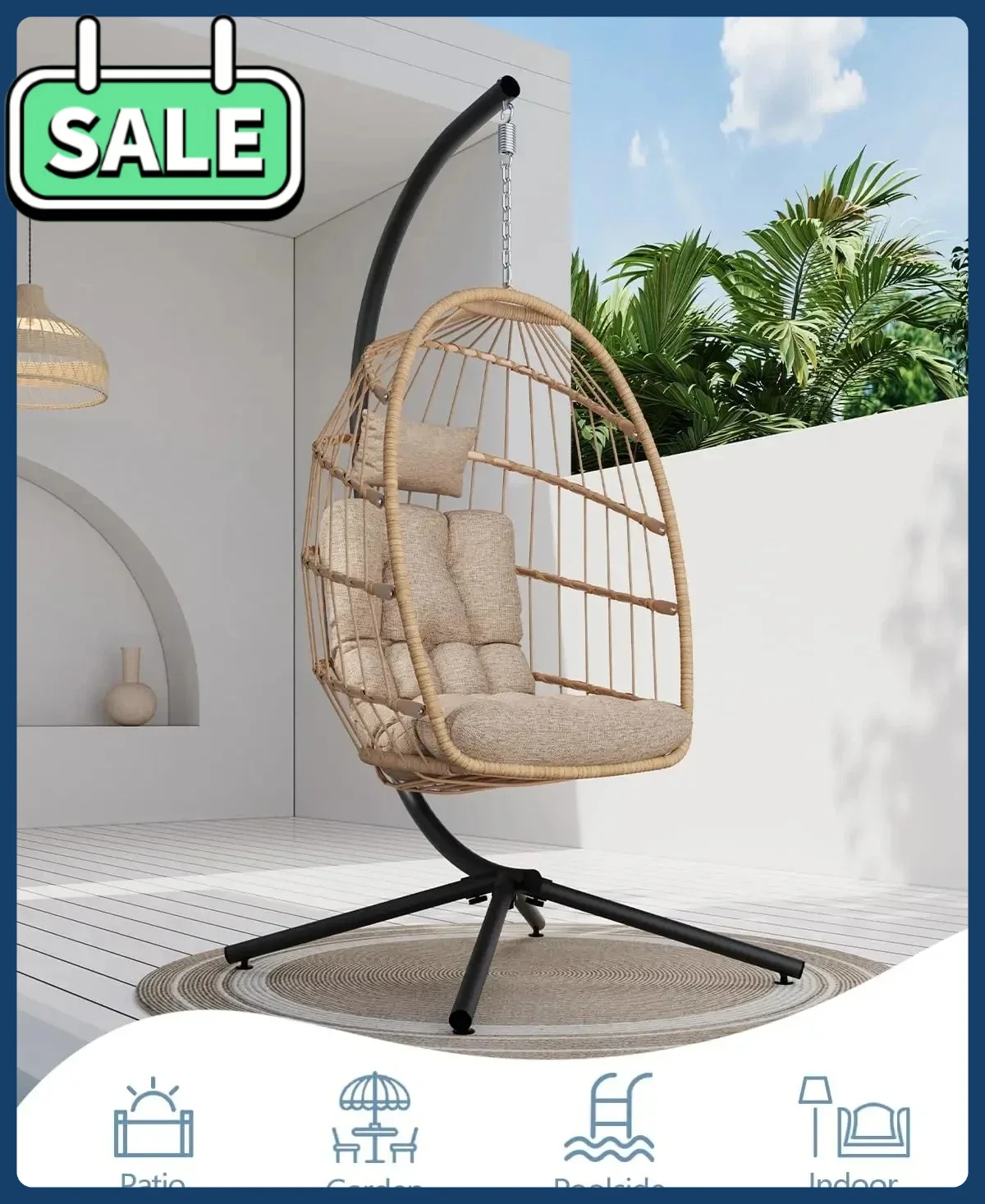 BestsellerEgg Chair Outdoor with Stand, Indoor Wicker Hanging Egg Swing Chair with Cushion, 350lbs Capacity for Patio, Bedroom,