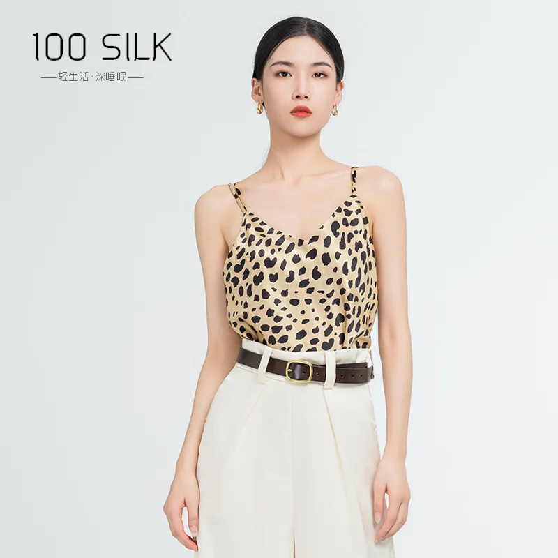 

19 Momme 100 Mulberry Silk Camis Vest Leopard Printed Camisole for Women Loose Sexy Tank Top Female Summer Sexy Strap Basic Tops