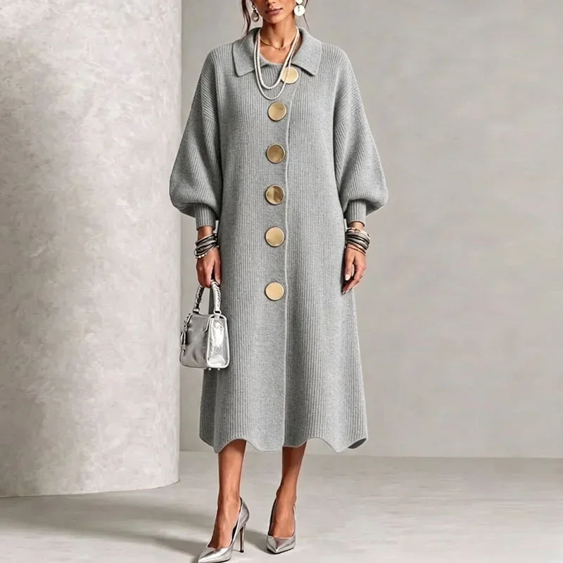 Button Front Cardigan Knit Maxi Dress Women Lapel Collar Puff Lantern Sleeve Loose Long Sweater Dress Autumn Winter Casual Dress