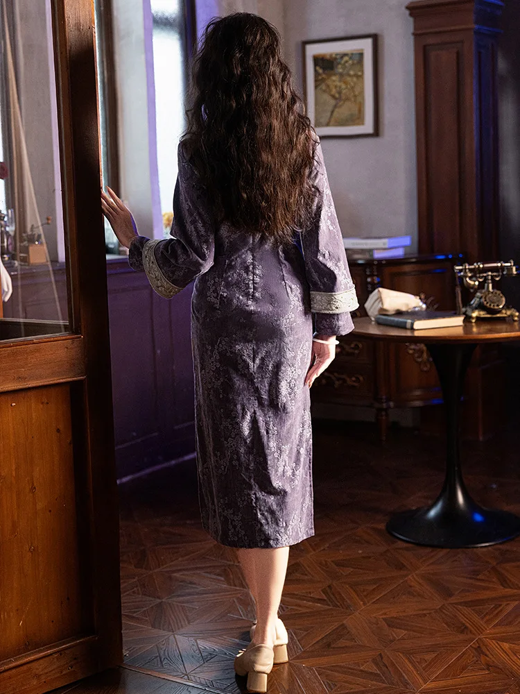Long Sleeved Republic Of China Miss Cheongsam New Improvement Chinese Style Girl Retro Purple Autumn Winter Mid Length Skirt