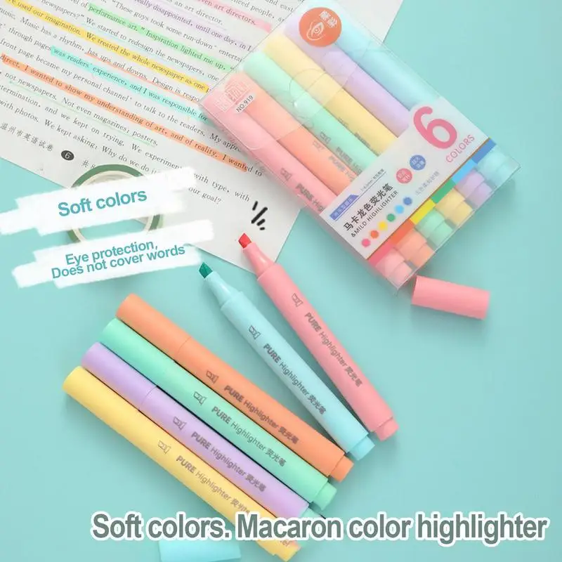 Highlighter lucu 6 buah spidol estetika warna-warni dengan pegangan lembut serbaguna Highlighter midliner untuk kepraktisan rumah anak-anak