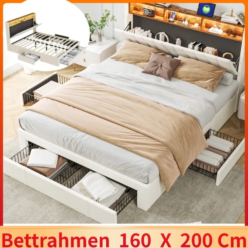 Adult bed 160x200 cm with 3 drawers,Double bed,Headboard with USB type-C two sockets and LED lighting, velvet fabric