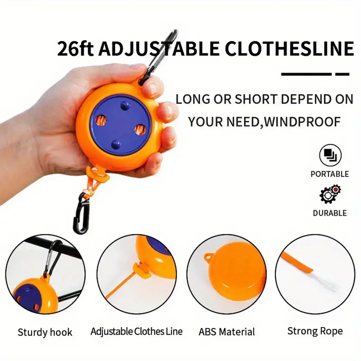 Compact Portable Travel Clothesline Durable ABS  with AL Alloy Hook Easy Install Laundry Rope for Camping 1pc/2pcs Optio Laundry