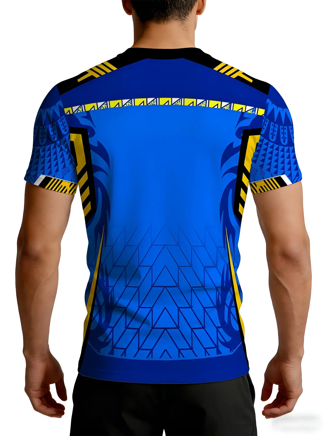 Men Quick Dry T-shirt High Elastic Blue Tribal Geometric Yellow Splicing Print Short Sleeve Breathable Crew Neck Tee