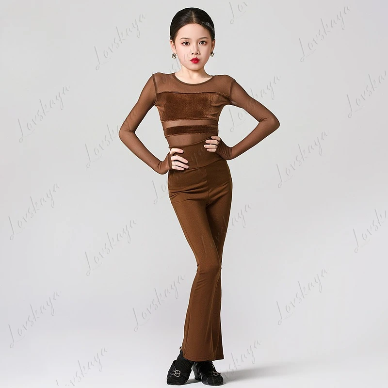 

New Style Dark Brown Junior Latin Dance Pants Set. High-end Style Winter and Autumn Training Girls' Performance Outfit.