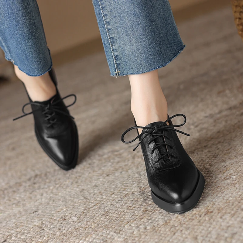 NEW Spring/Autumn Women Pumps Genuine Leather Shoes for Women Pointed Toe Chunky Heel Shoes Casual Lace-up Platform Modern Shoes