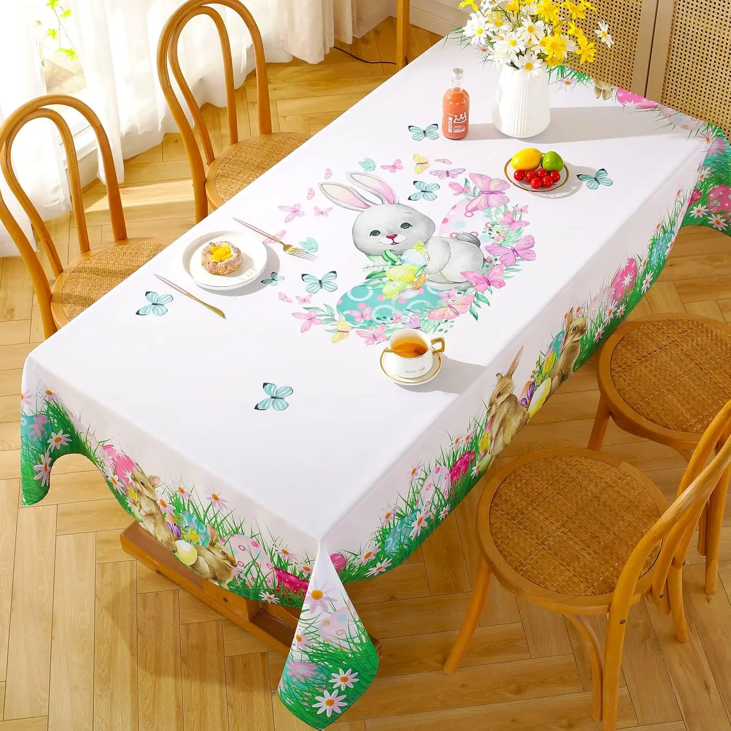 Wrinkle Resistant Waterproof Tablecloth,Spill Proof Easter Table Cloth,Decorative Bunny Table Cover for Kitchen Dinning Tabletop