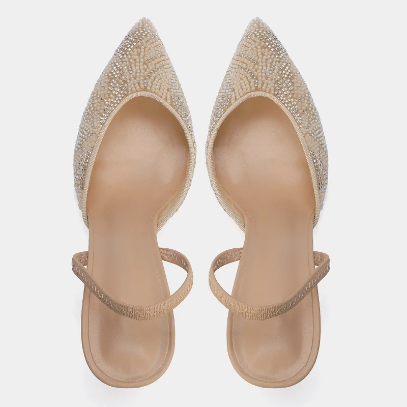 الفاخرة سلسلة حبة تصميم العلامة التجارية عالية الكعب النساء مضخات الأزياء مدبب تو Slingback عالية الكعب أنيقة الزفاف أحذية الزفاف #2