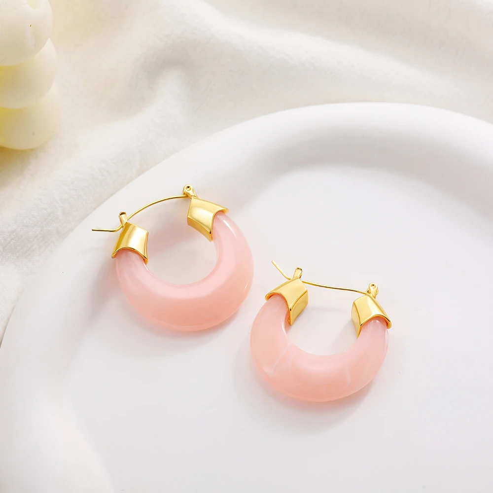 Hot Sale New Resin U Shape Gold Plated Hoop Earrings for Women Stainless Steel Pink Natural Stone Huggie Ear Jewelry Wed Gifts