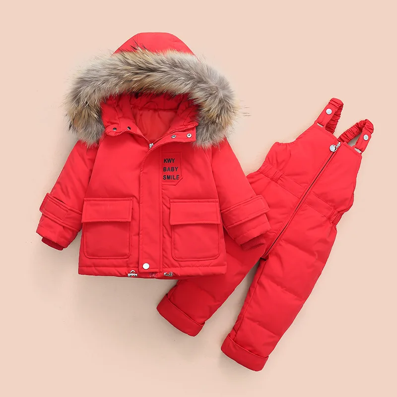 Children\'s Down Jacket Suit New Winter Baby Boys Suspender Trousers Male Child Toddler Girl Raccoon Hair Ski Suit 80-100