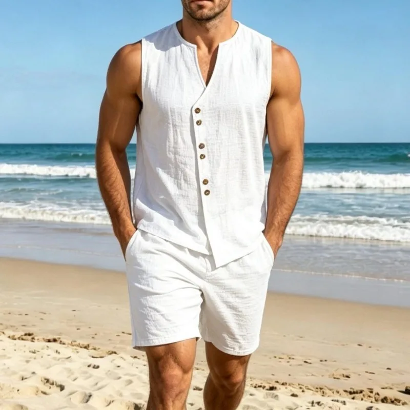 Men Simple Solid Linen Sleeveless Vest Shirt Shorts Set Summer Beach Casual Outfit view 5