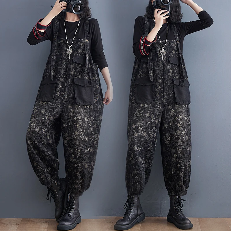 

Faionable Printed Denim Overalls Women's Loose Fit Autumn Winter plus Size Slimming Casual Long Trousers One-Piece Suit