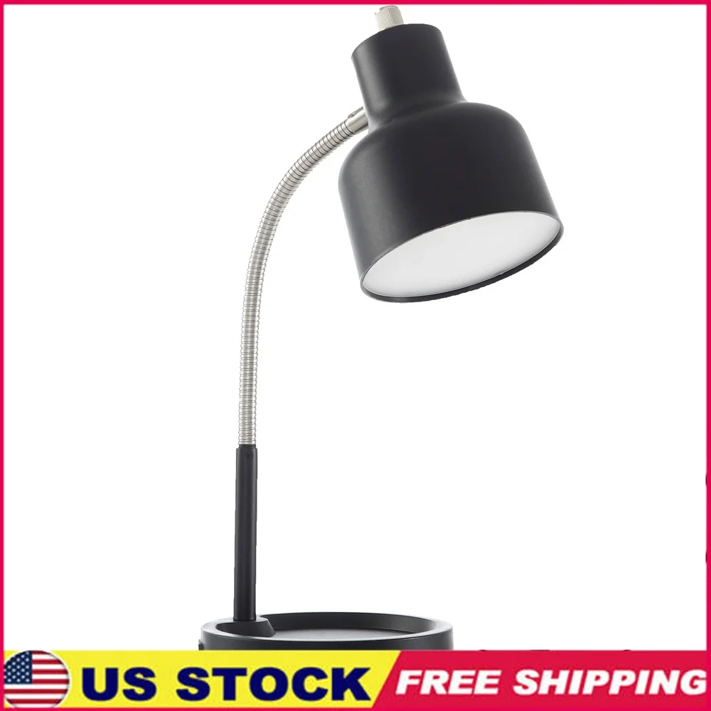 

LED Desk Lamp with Catch-All Base AC Outlet Integrated LED Bulb Flexible Metal Gooseneck Energy Efficient Workspace Organizer