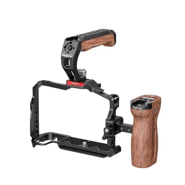 Poyinco JN-134 Camera Cage + Top Handle + Side Wooden Grip Kit Camera Video Cage with Cold Shoe Mount 1/4 Inch Threads Aluminum