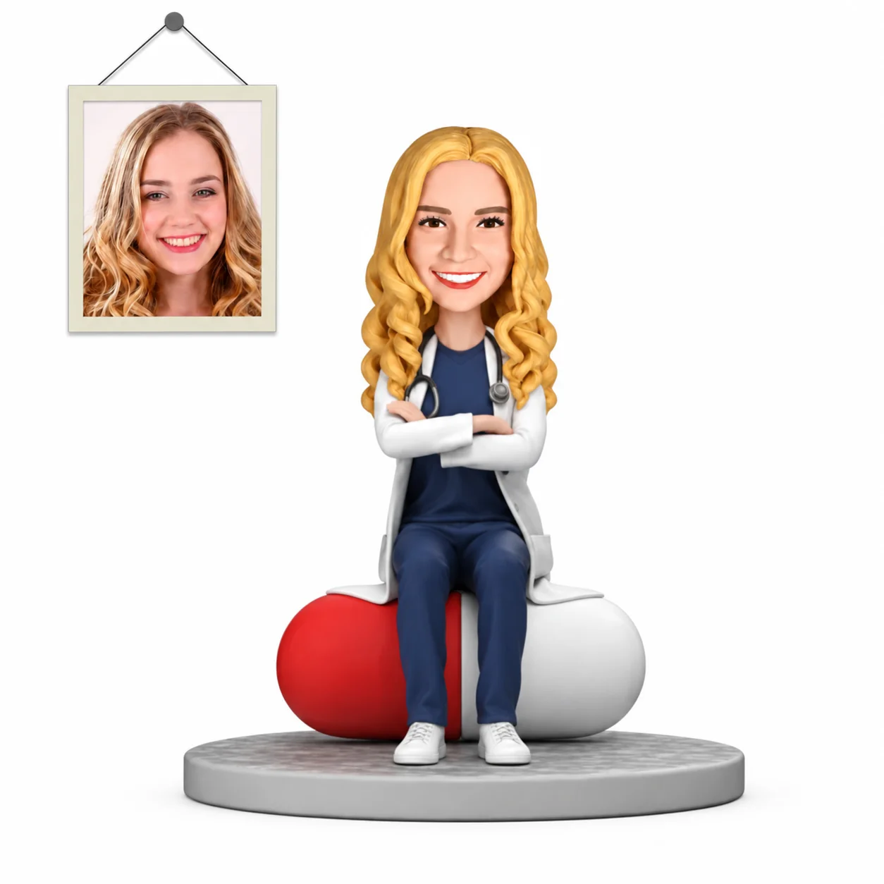 Custom Doctor Bobblehead Sitting on Medicine Capsule Personalized Physician Figurine from Photo Medical Gift